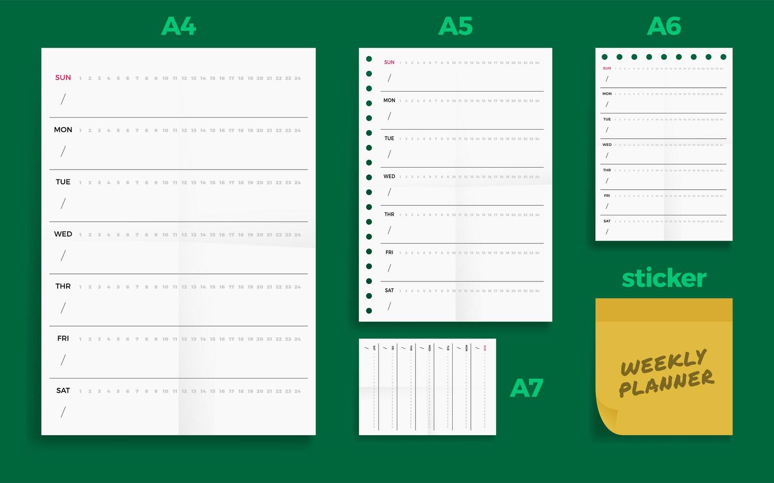 Set of crumpled four standard blank weekly planner series set vector
