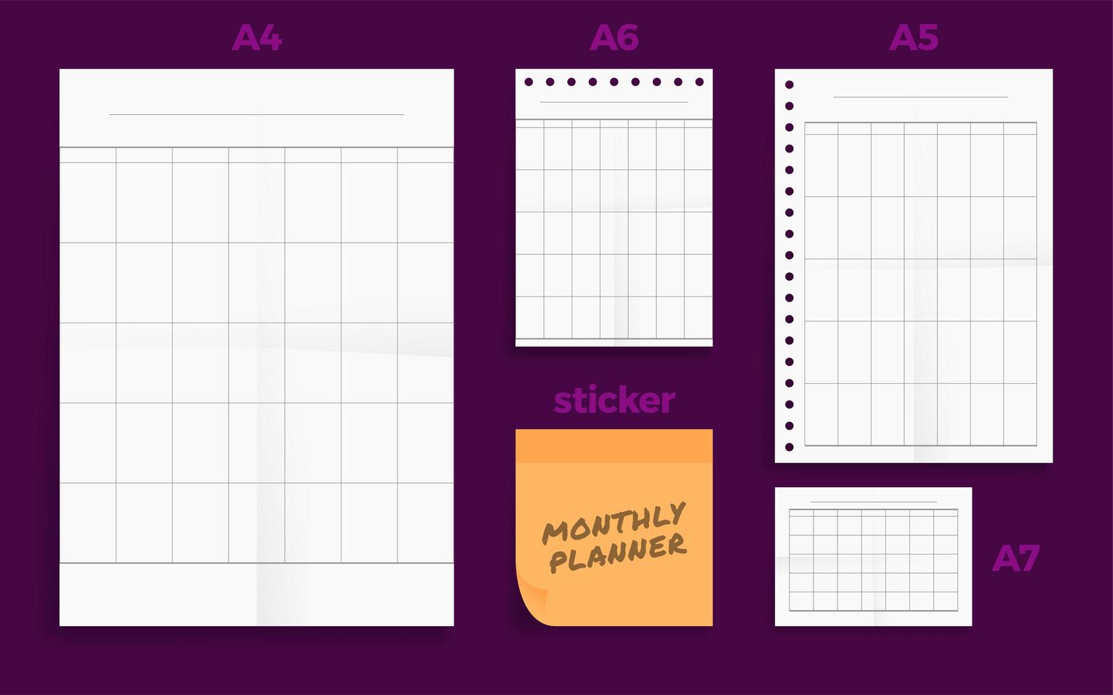 Set of crumpled four standard blank monthly planner set vector