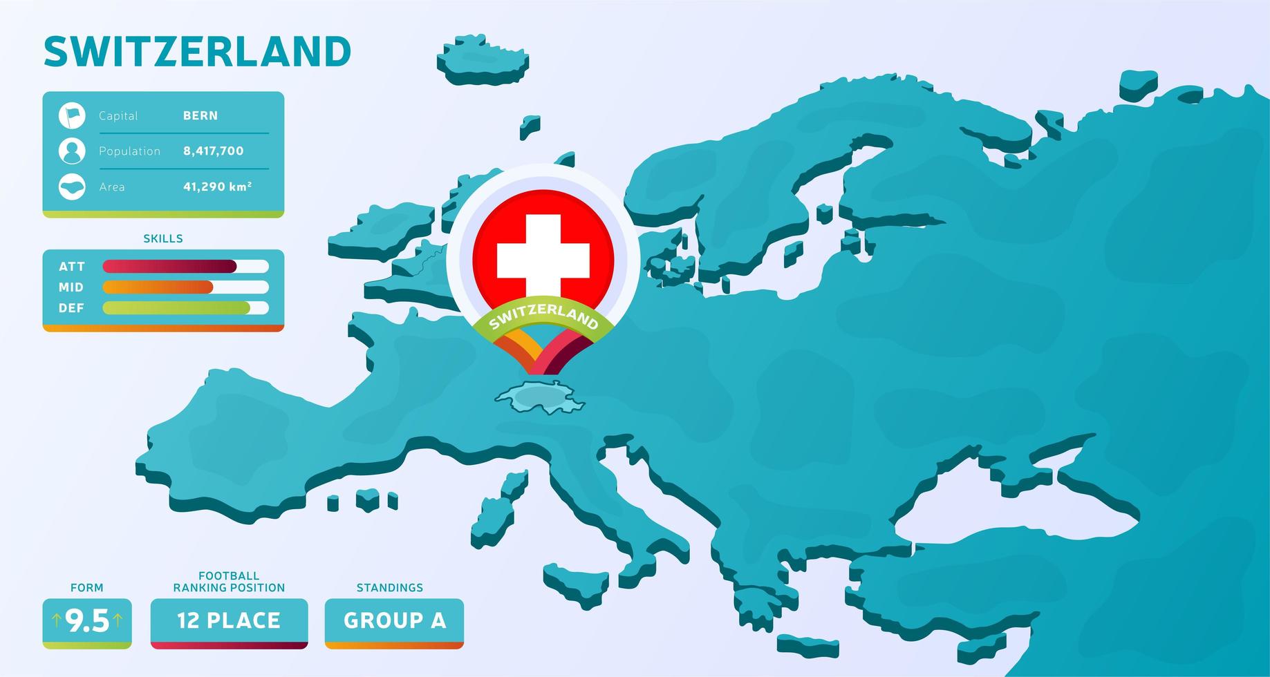 Isometric Map Of Europe With Highlighted Country Switzerland 1838005 Vector Art At Vecteezy
