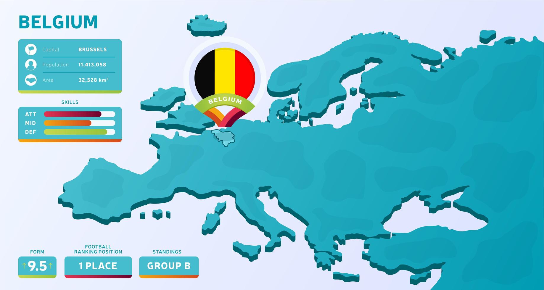 Isometric map of Europe with highlighted country Belgium vector