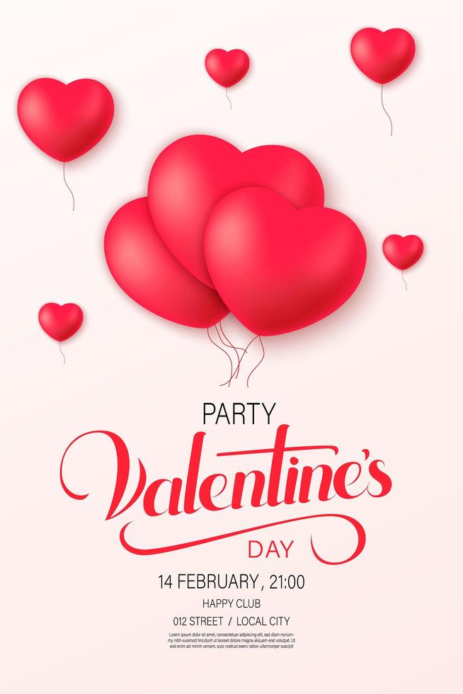 Folleto de fiesta de feliz día de San Valentín con globos de corazón vector