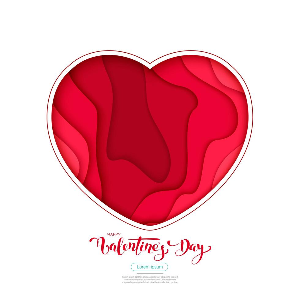 Happy Valentines Day greeting card. 3d paper cut heart concept design background. Vector illustration. Paper carving heart shapes with shadow. February 14.