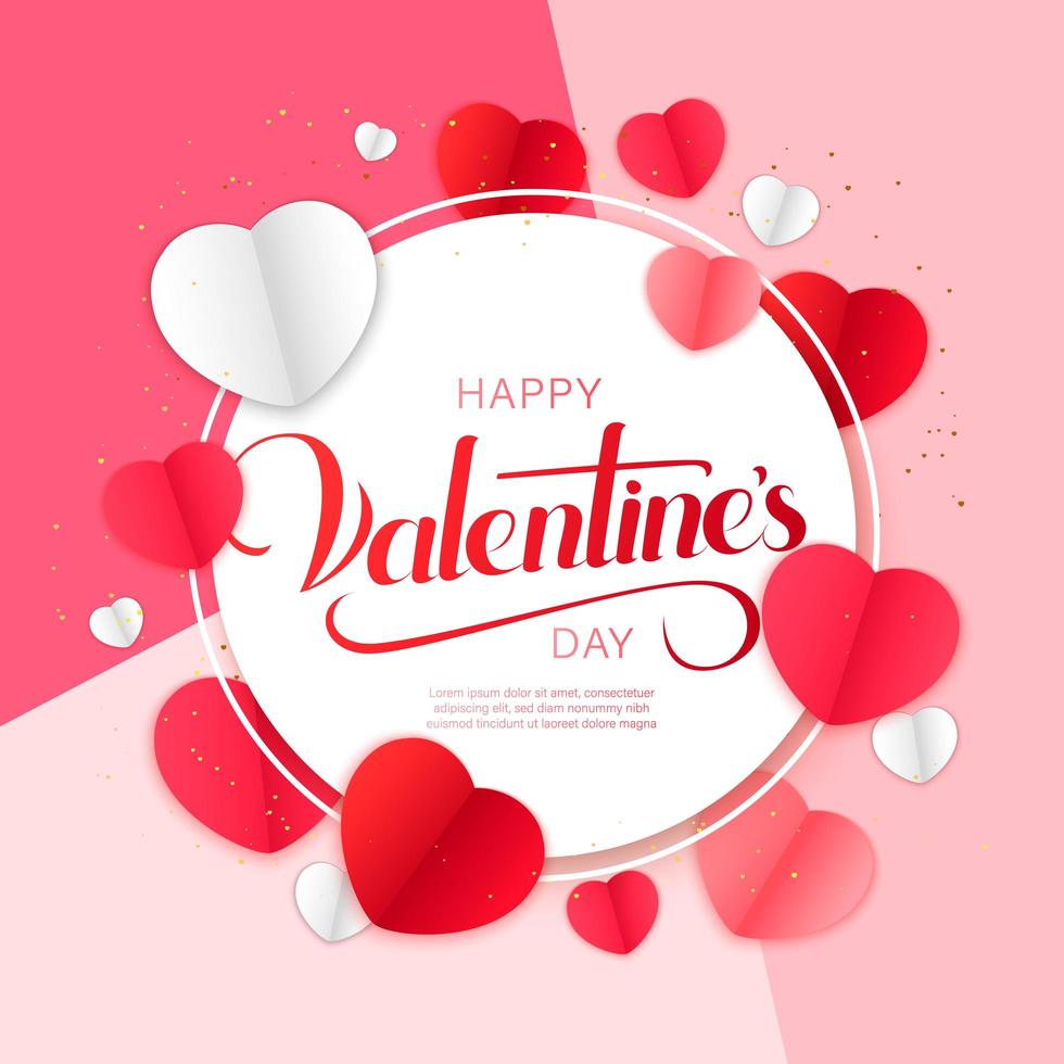 Happy valentines day design with paper cut hearts around circle frame vector