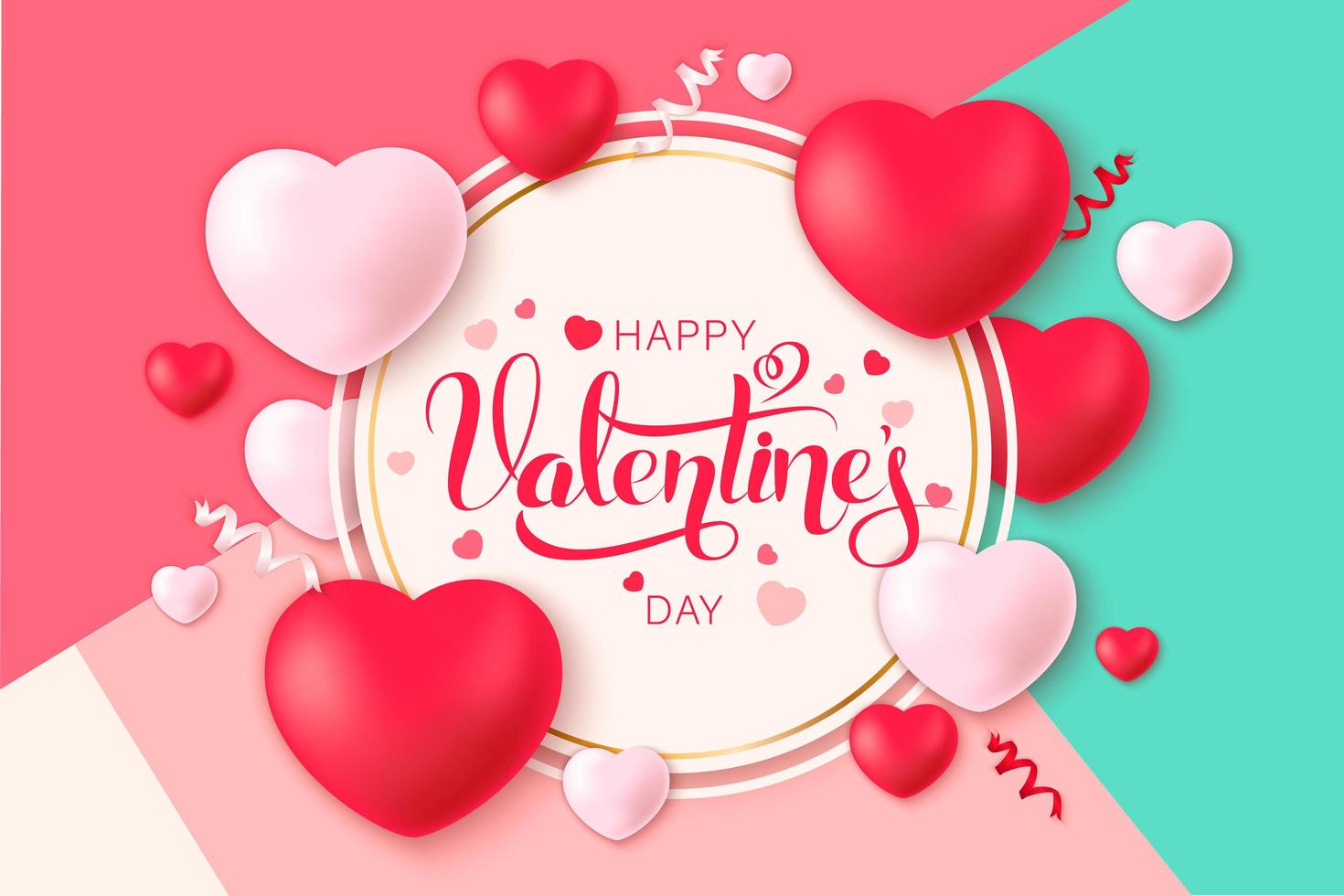 Feliz día de San Valentín fondo con corazones y confeti sobre fondo de patrón en ángulo vector