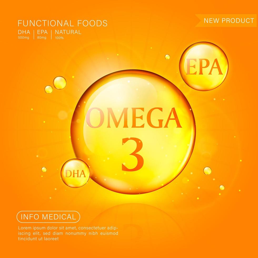 Plantilla de anuncios de aceite de pescado, cápsula blanda de omega-3 con su paquete. fondo naranja. Ilustración 3D. vector