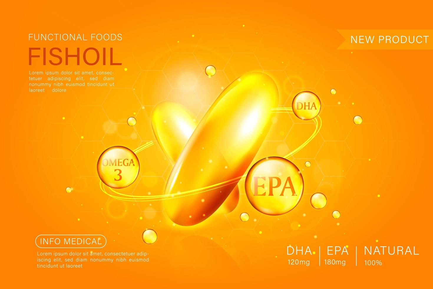 Fish oil ads template, omega-3 softgel isolated on chrome yellow background. 3D illustration. vector