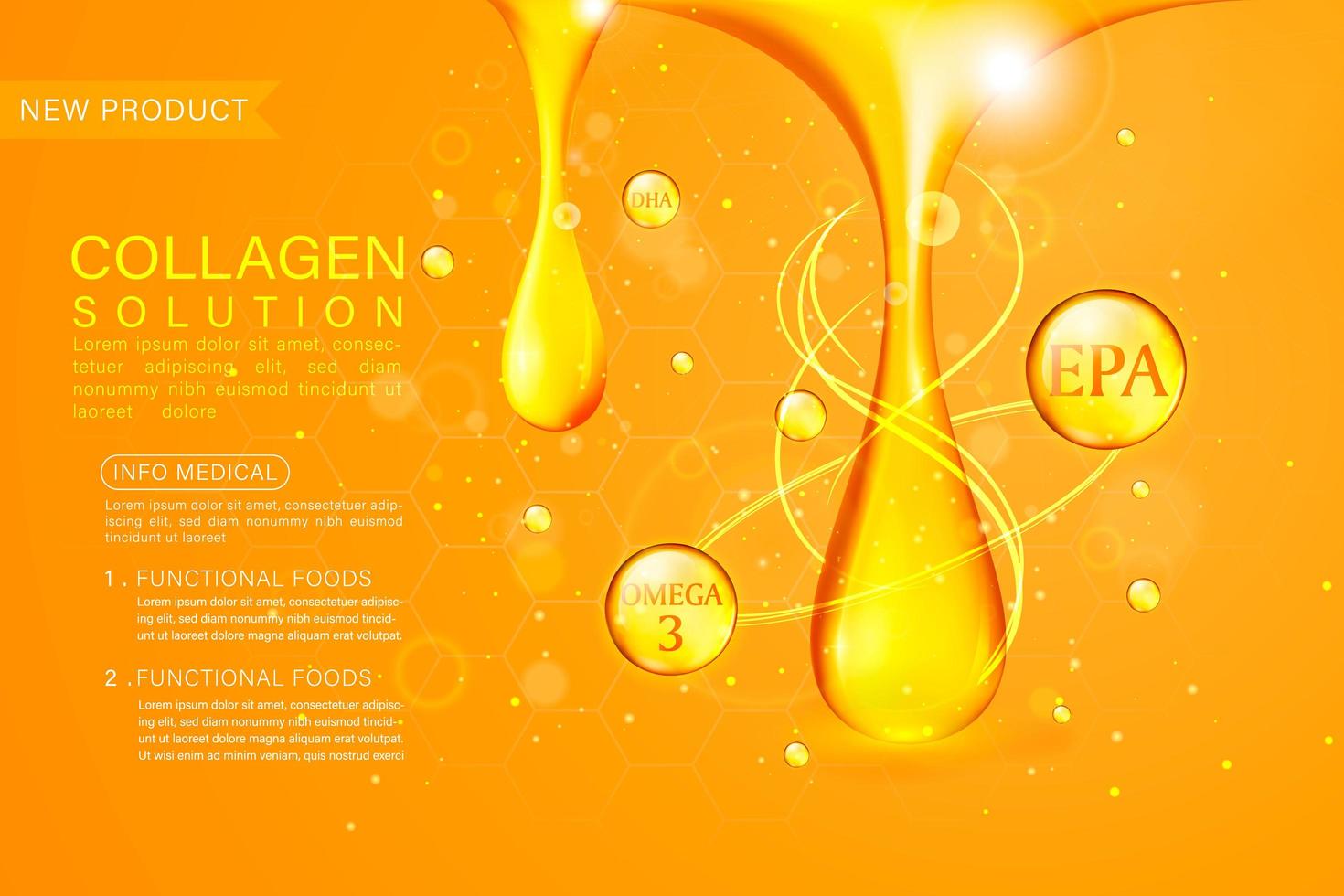 Fish oil ads template, omega-3 softgel isolated on chrome yellow background. 3D illustration. vector