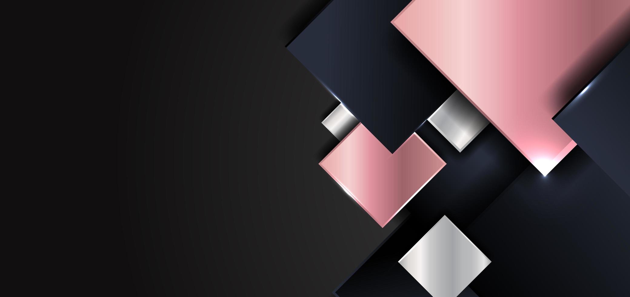 Abstract geometric square shape shiny pink gold, silver, dark blue color overlapping with shadows on black background vector