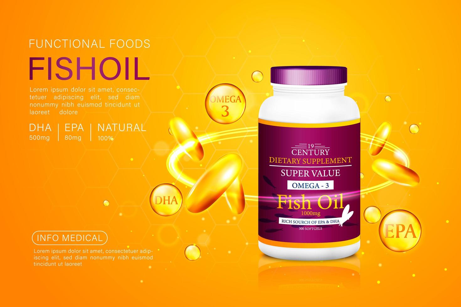 Fish oil ads template, omega-3 softgel with its package. Orange background. 3D illustration. vector