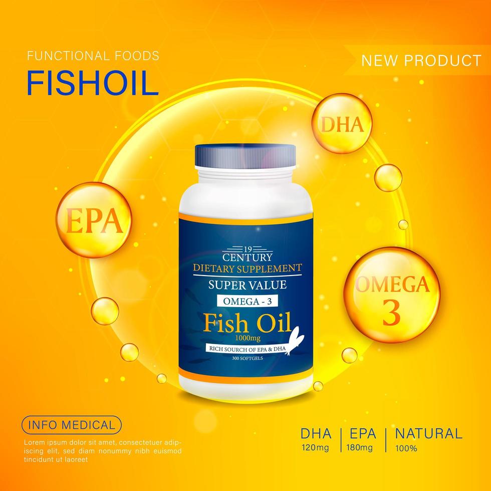 Fish oil ads template, omega-3 softgel with its package. Orange background. 3D illustration. vector