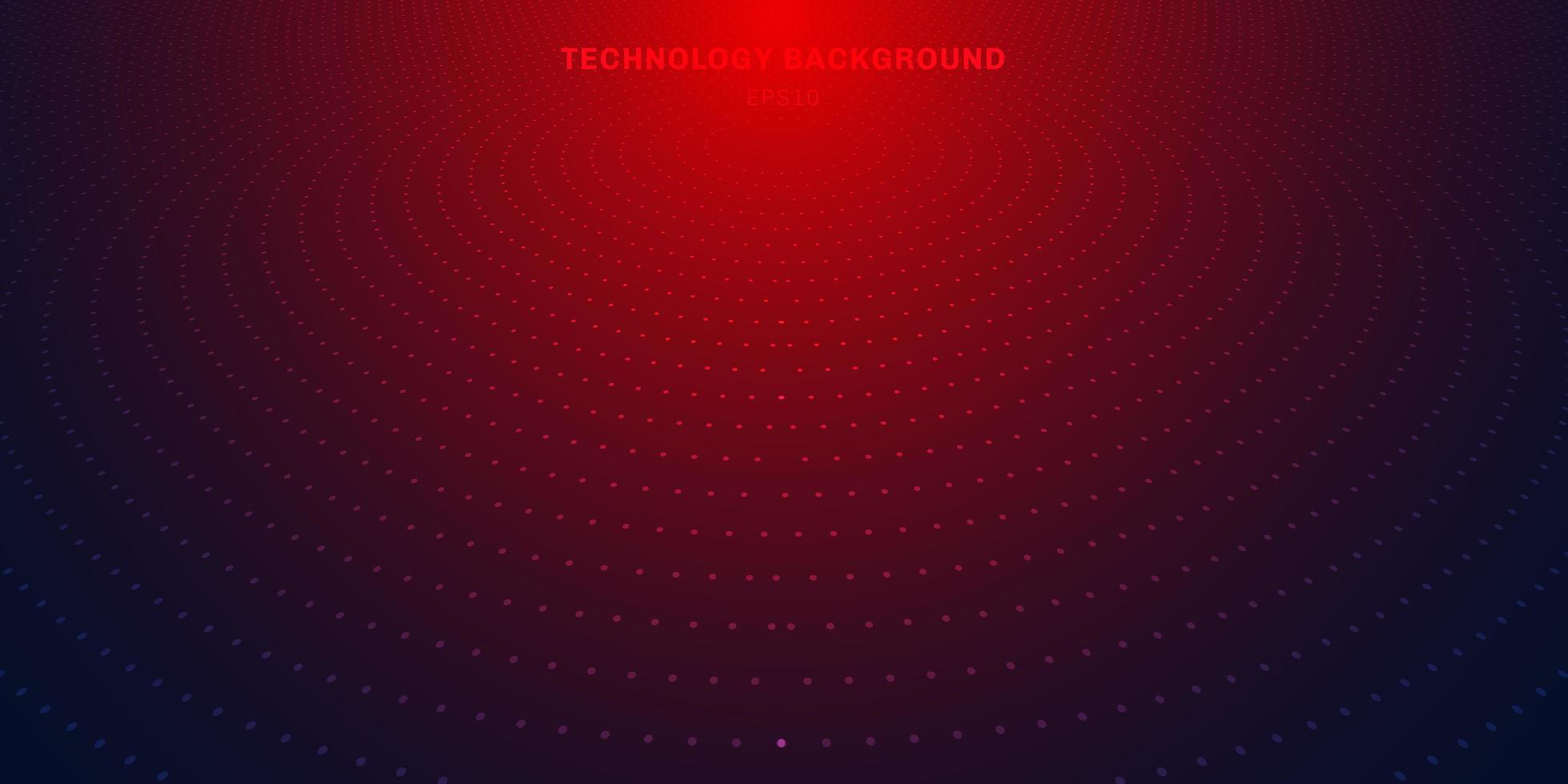 Semitono del patrón de puntos radiales rojos abstractos sobre fondo degradado azul oscuro. tecnología concepto digital iluminación de neón futurista. vector