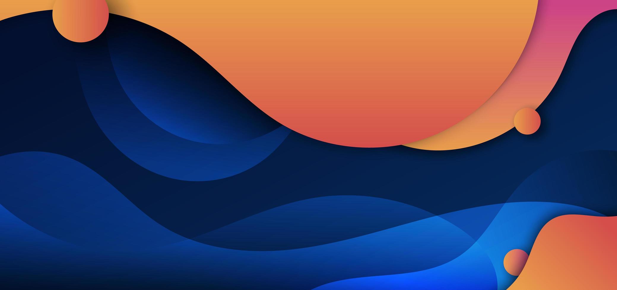 onda de forma fluida amarilla y naranja abstracta curvada con círculo sobre fondo azul oscuro. vector