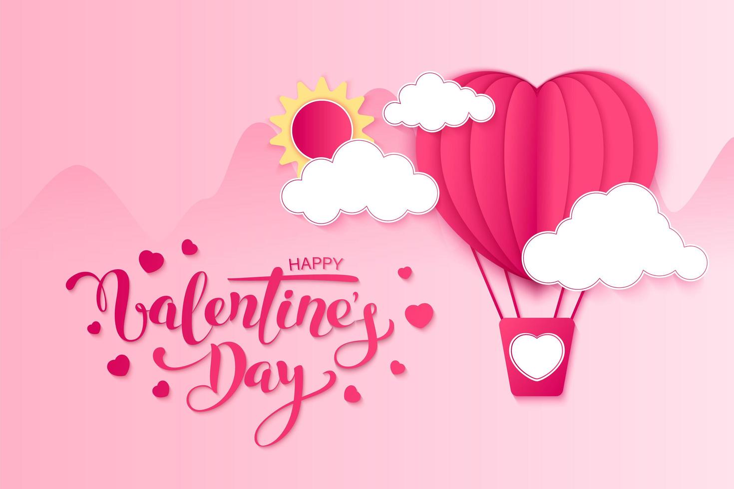 Happy valentines day vector greetings card design with paper cut red heart shape hot air balloon flying and hearts