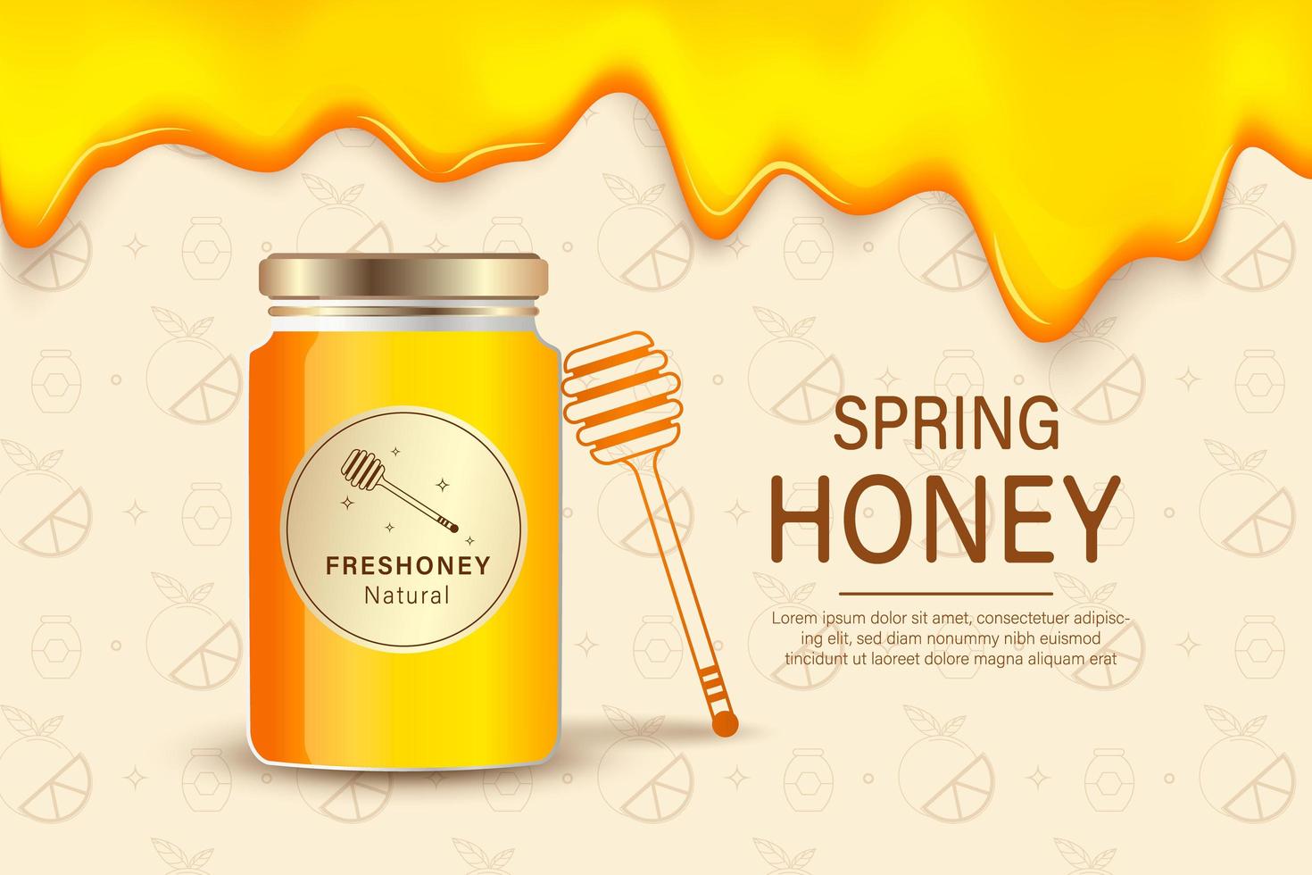 Miel de granja. Plantilla de cartel publicitario con miel realista, fondo de empaquetado de productos agrícolas de alimentos orgánicos saludables. miel de granja, comida dulce orgánica, apicultura natural ilustración vector