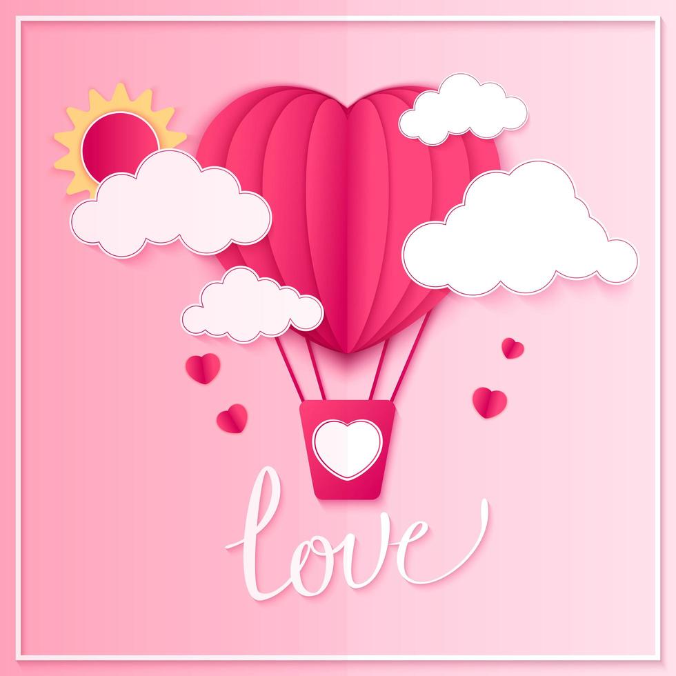 Happy valentines day vector greetings card design with paper cut red heart shape hot air balloons flying and hearts