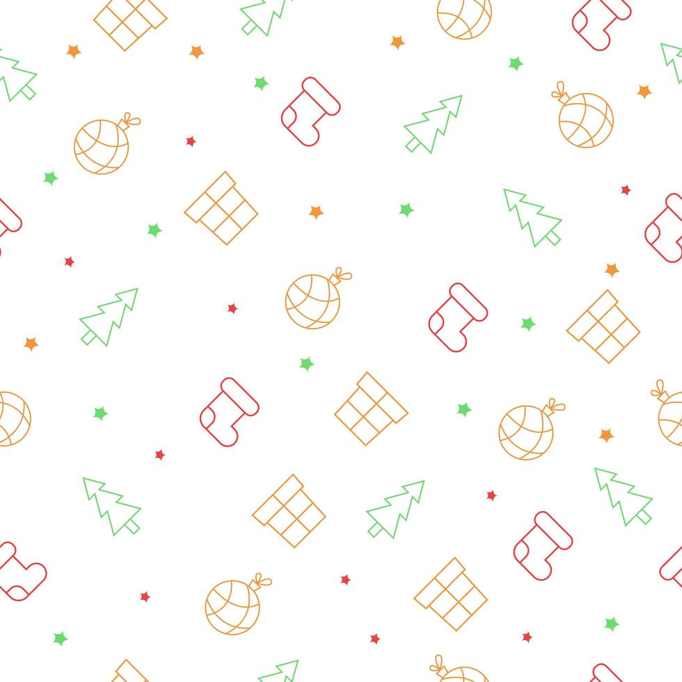 Seamless Christmas pattern with christmas tree, socks, gitf boxes, stars and tree balls vector