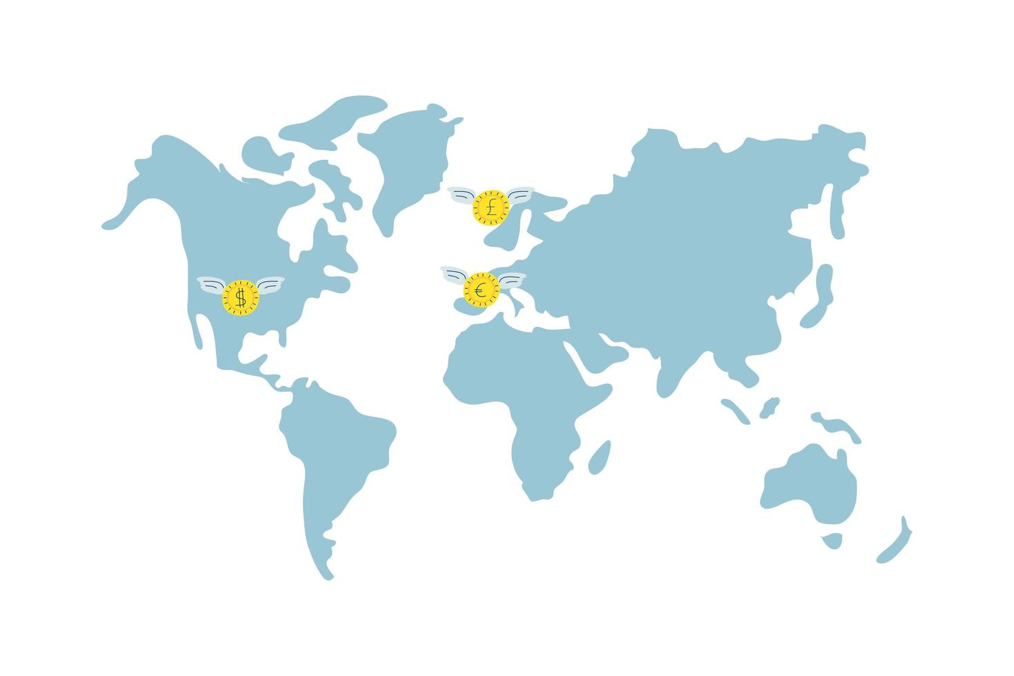 mapas del planeta tierra mundial con monedas volando vector