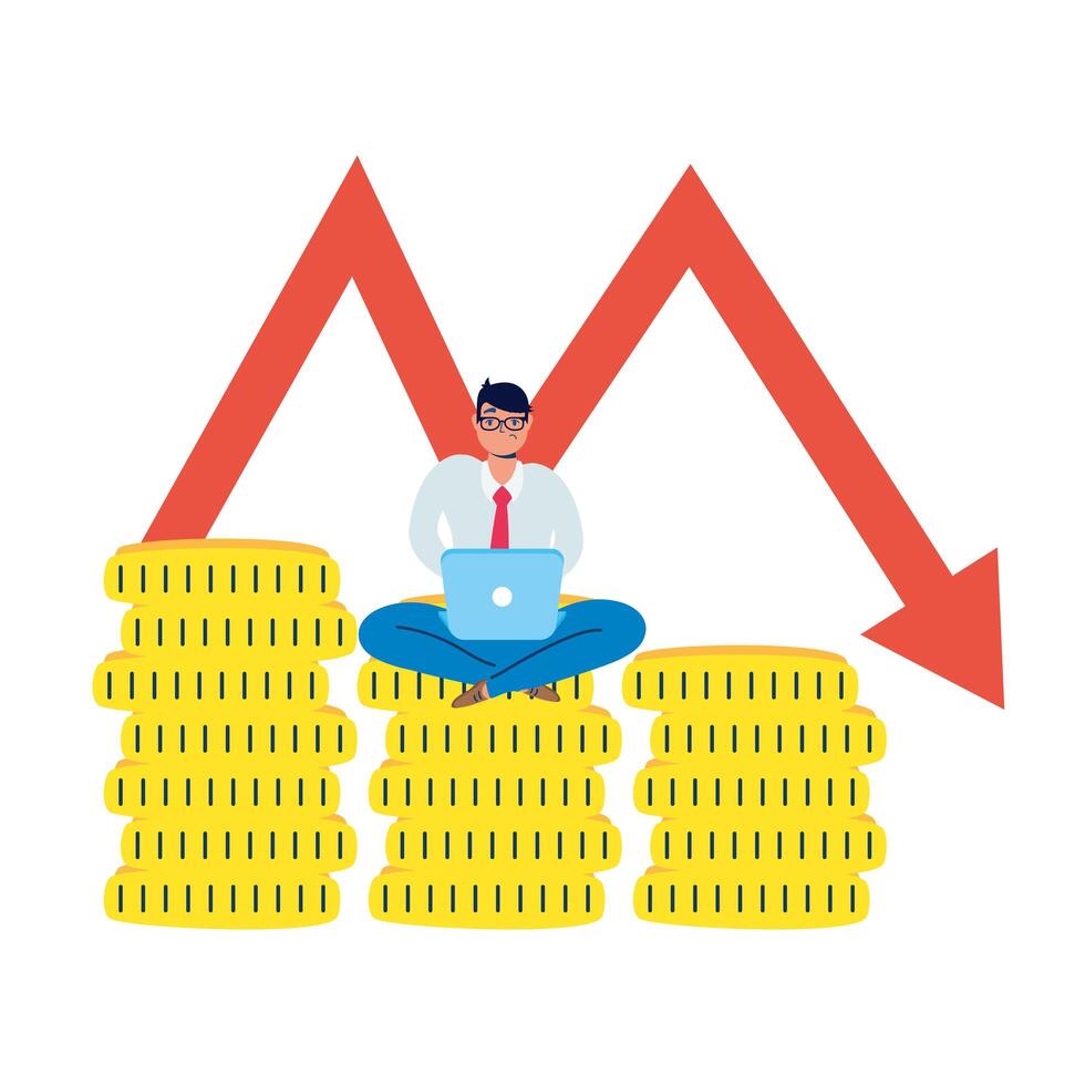 elegant business man working in laptop with lotus position in coins vector