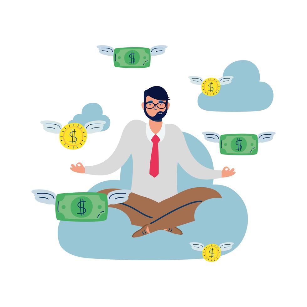 elegant business man with lotus position in cloud and money flying vector