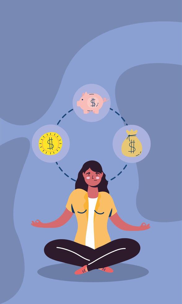 businesswoman in lotus position with economy icons vector