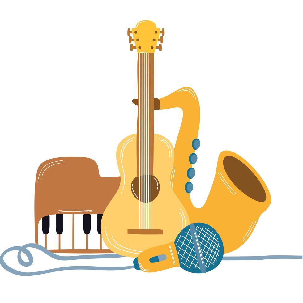 guitarra con instrumentos iconos musicales vector