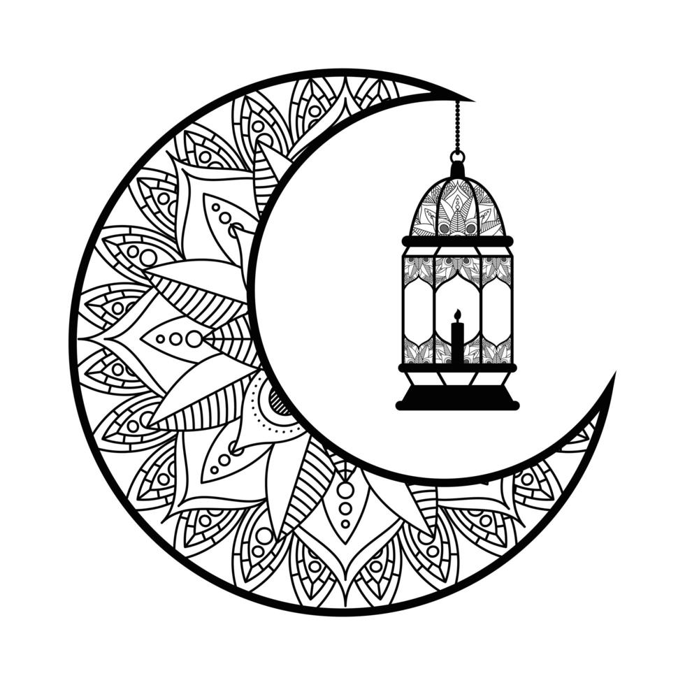 luna monocromática y linterna colgando decoración de ramadan kareem vector