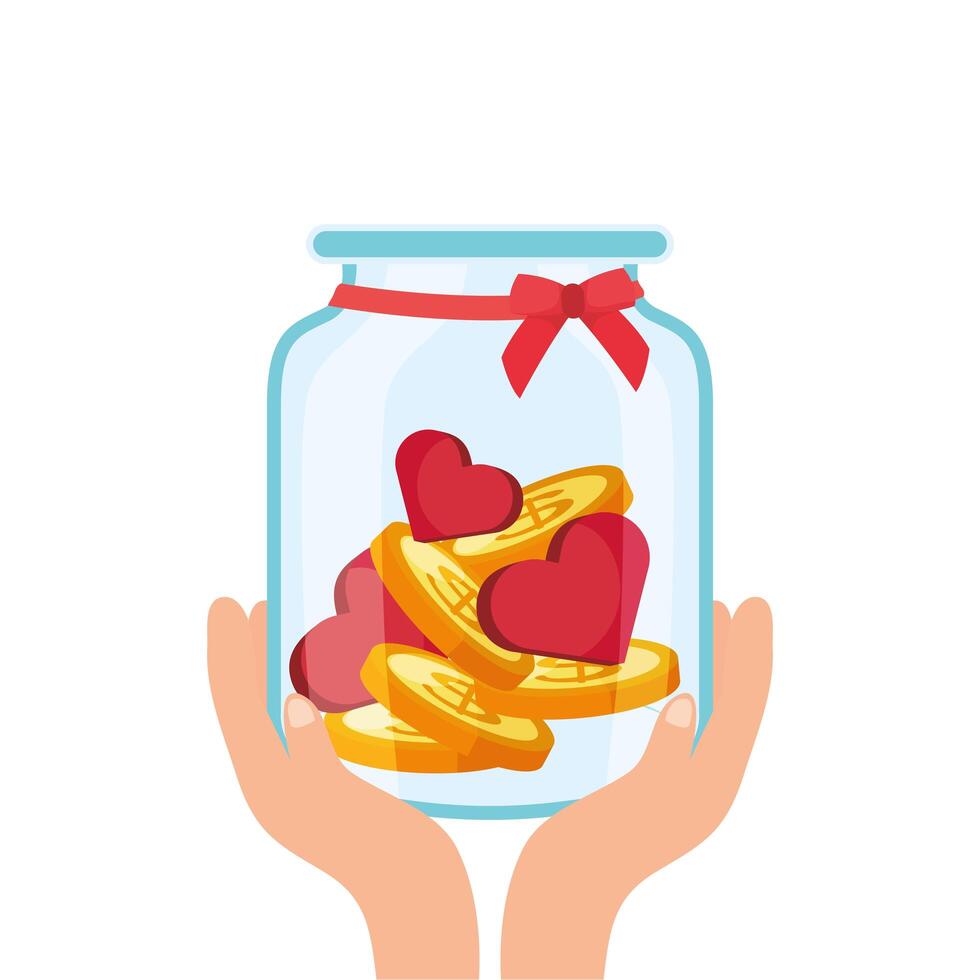 charity donation jar with hearts and coins vector