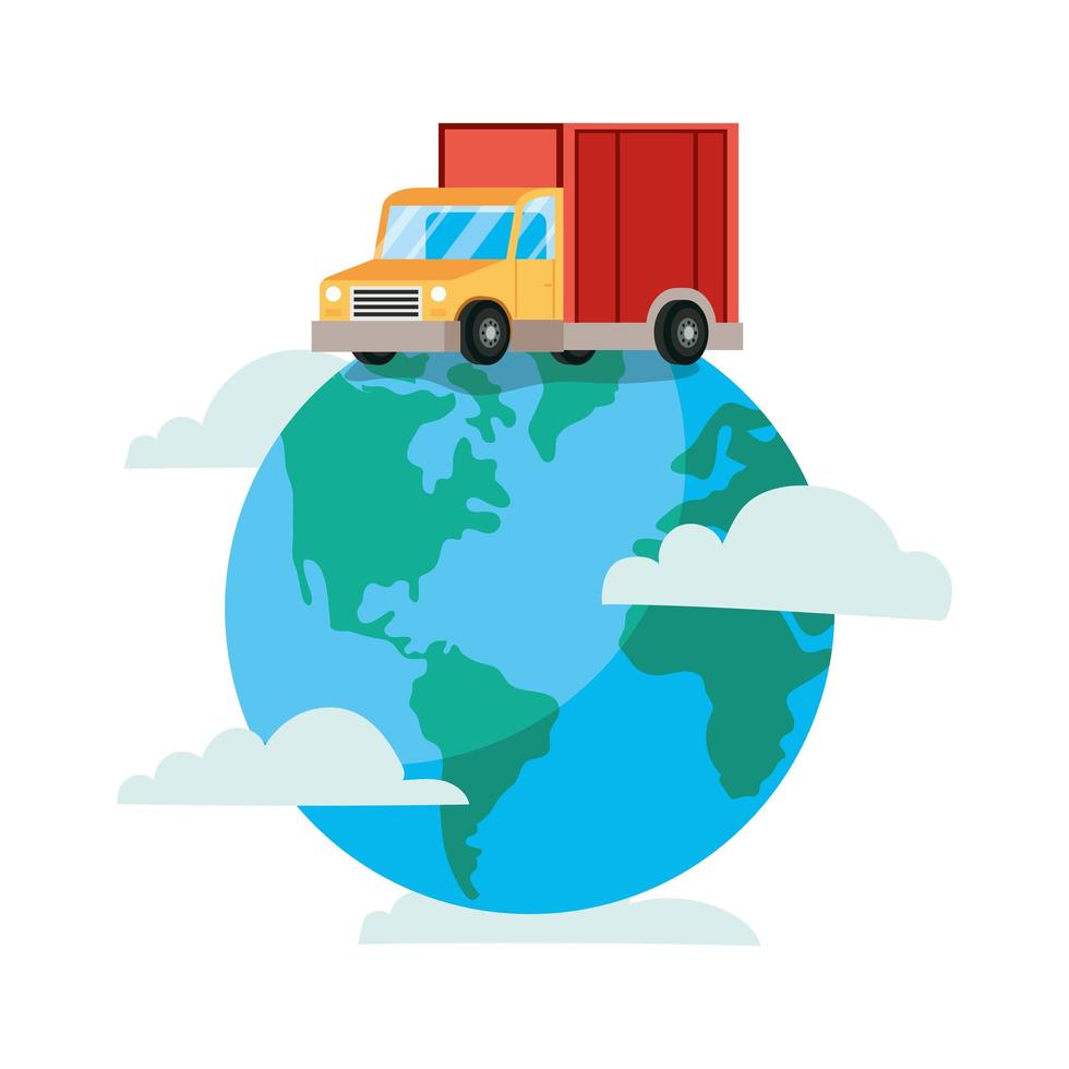 Servicio de entrega de camiones con planeta tierra. vector