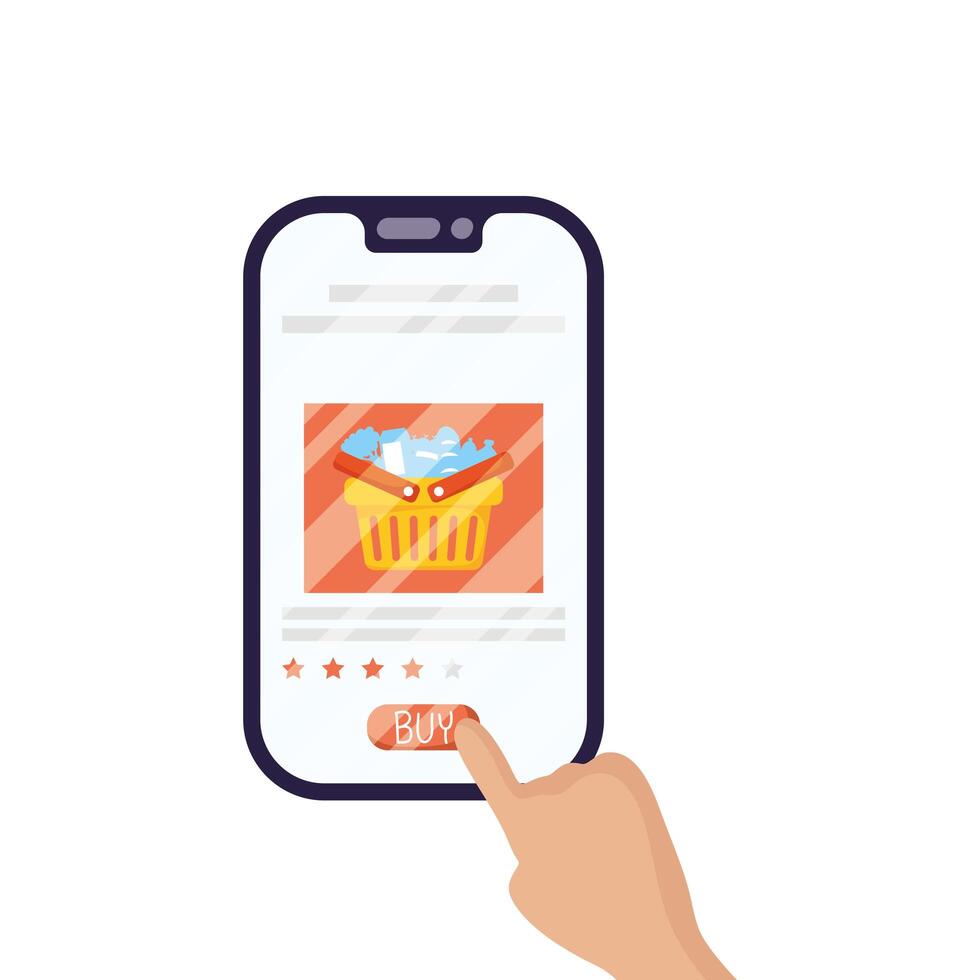 hand using smartphone with shopping basket ecommerce vector