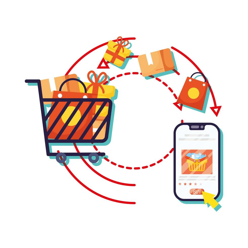 smartphone with shopping basket and cart ecommerce vector