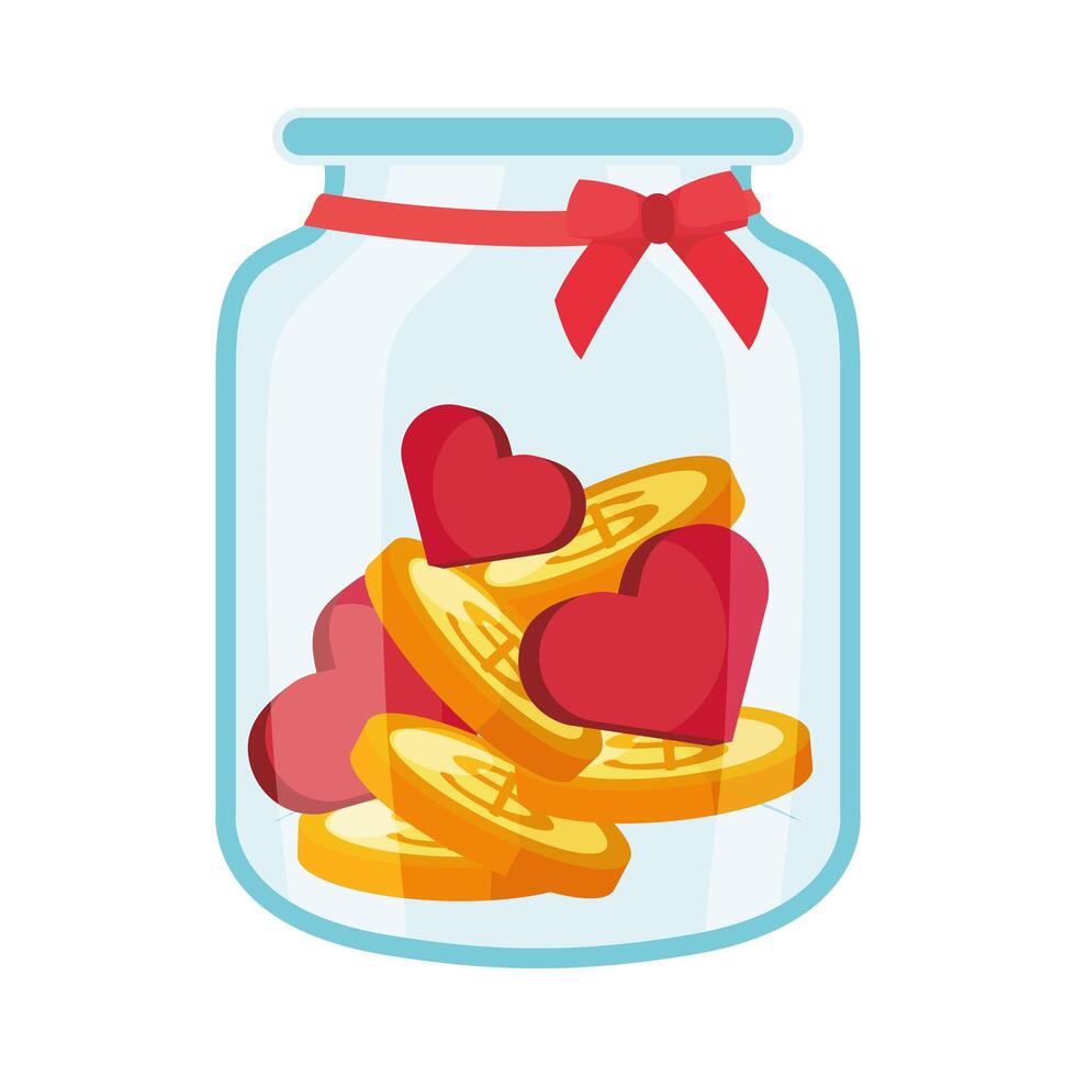 charity donation jar with hearts and coins vector