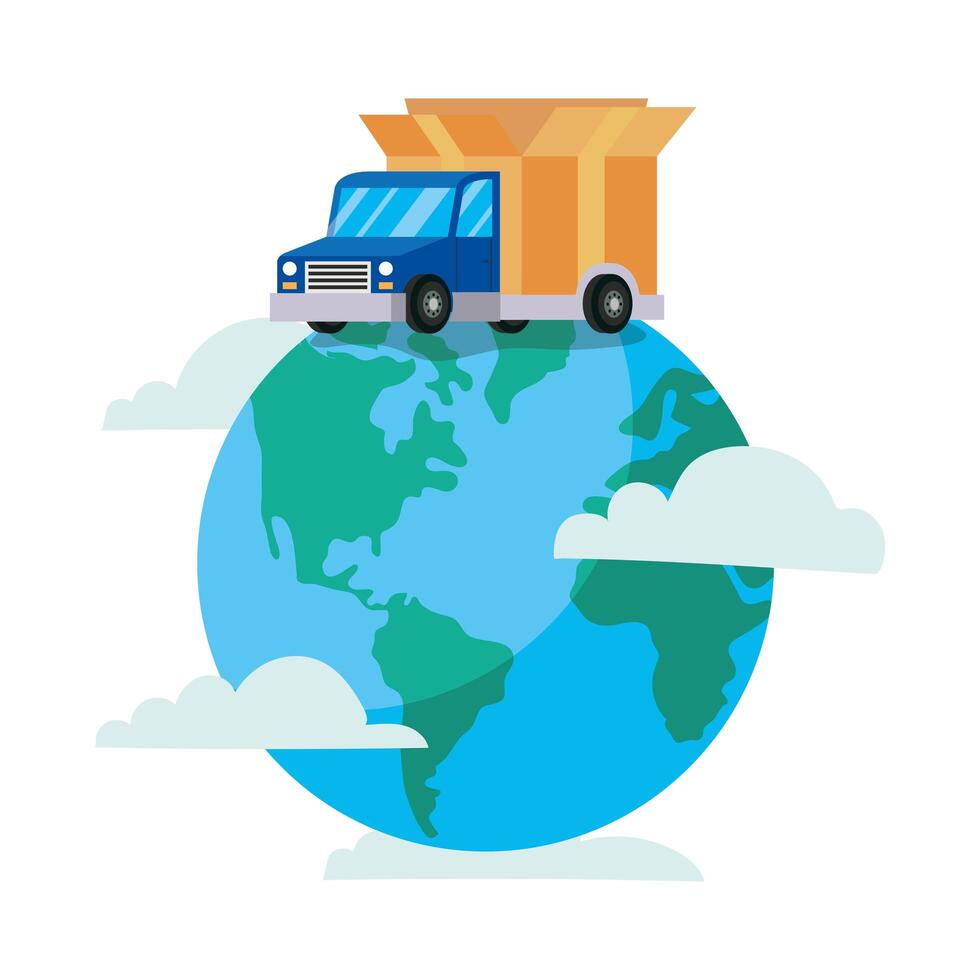 truck delivery service with earth planet vector