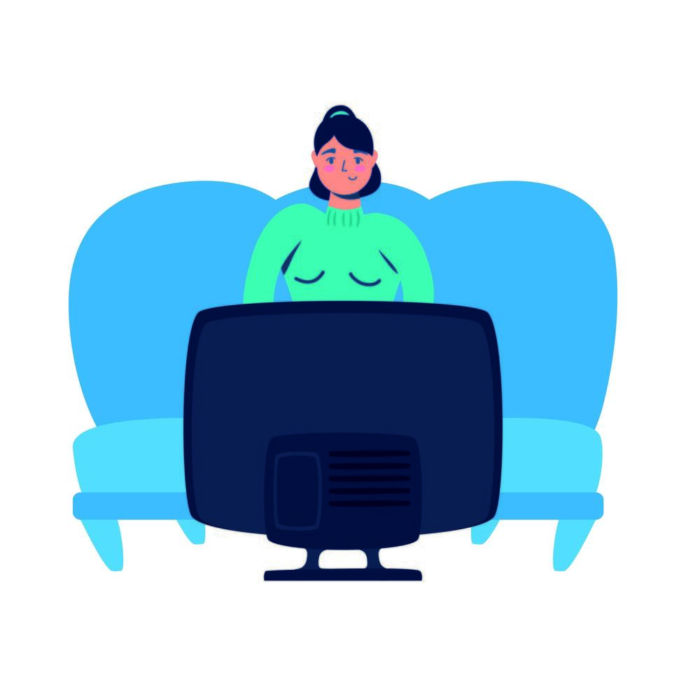 woman watching TV in living room vector