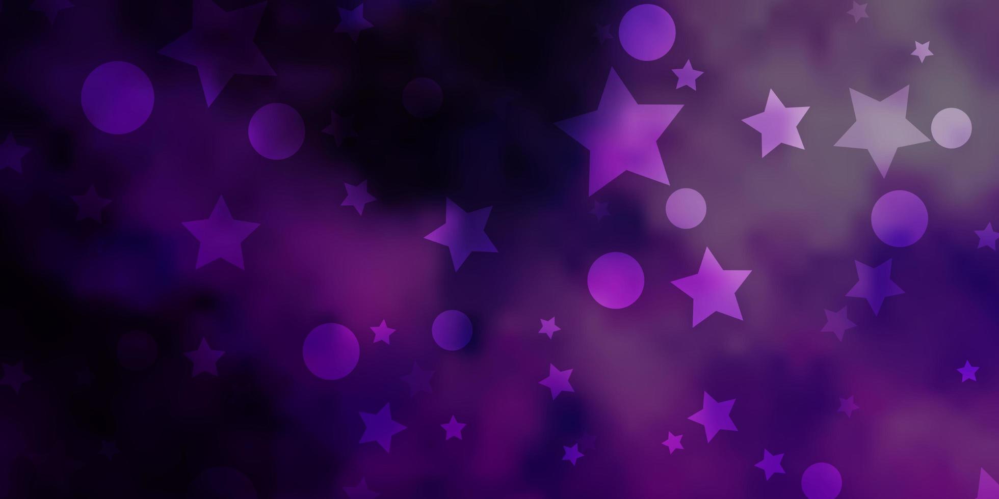 textura de vector púrpura claro con círculos, estrellas.