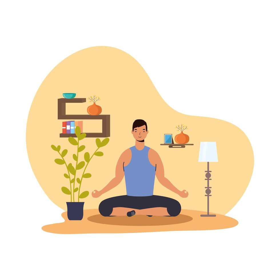 man practicing yoga activity in the house vector