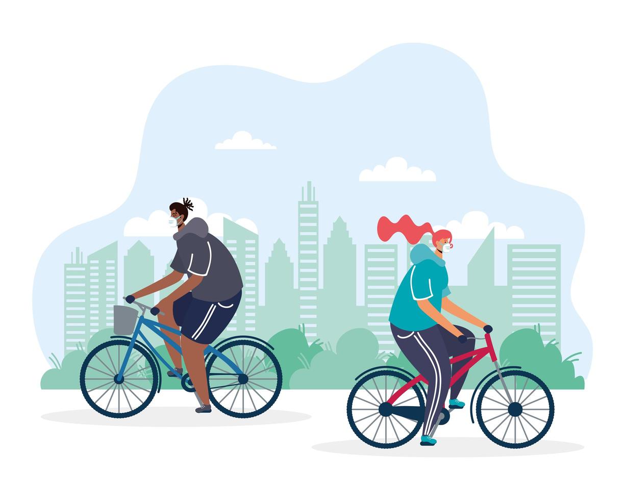 young couple riding bicycle wearing medical masks vector