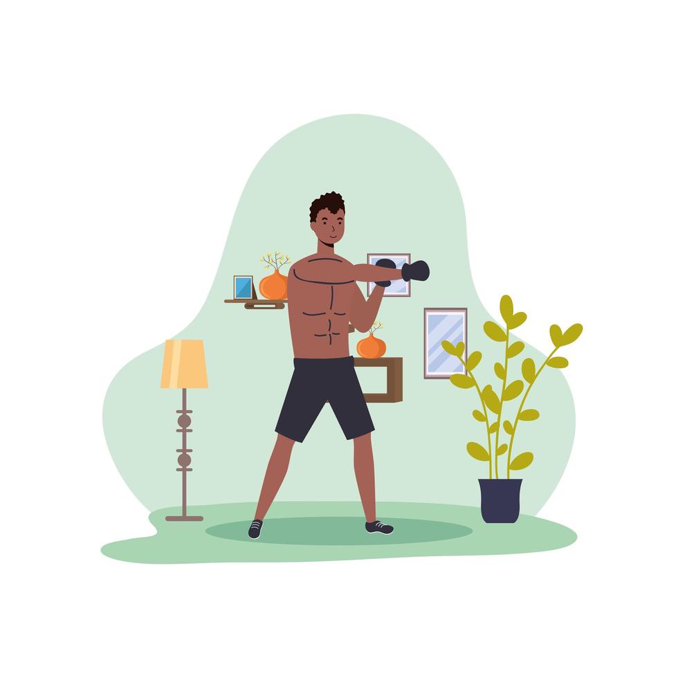 African man practicing boxing sport activity in the house vector
