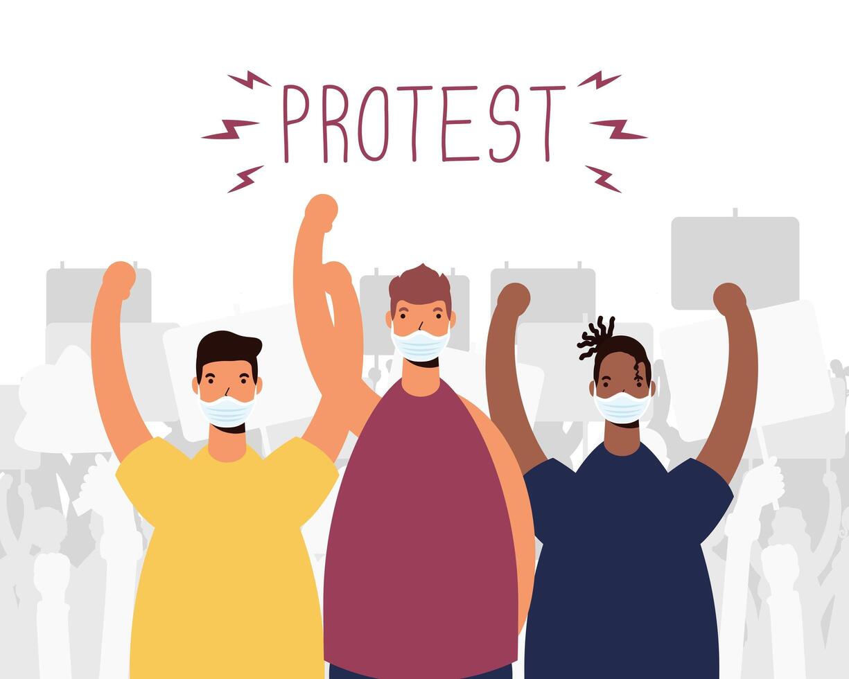 interracial men wearing medical masks protesting vector