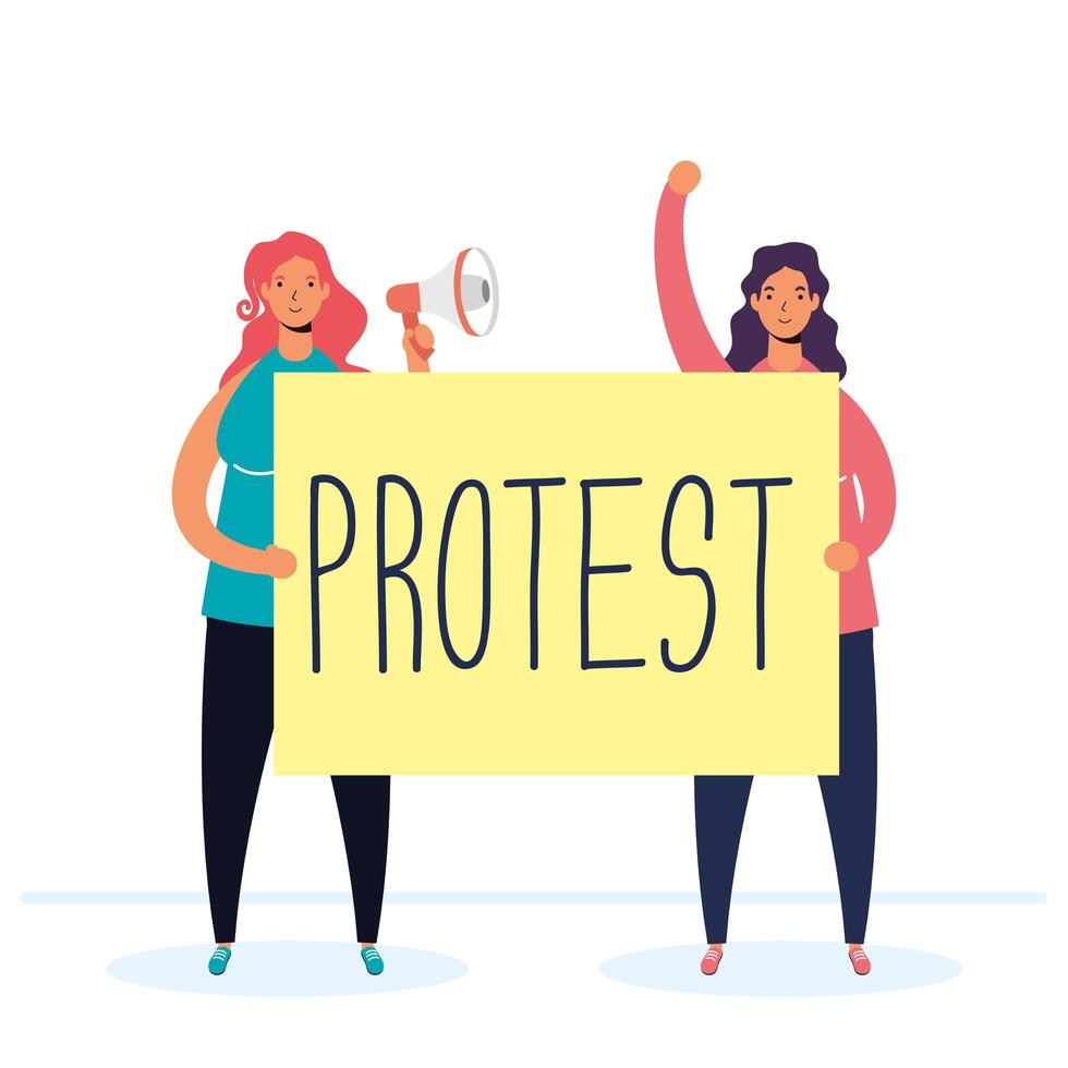 women protesting with megaphone and placard vector