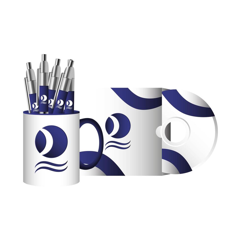 mug with pens and compact disk branding vector