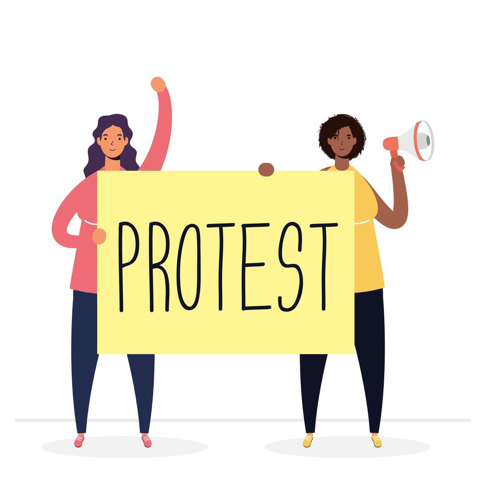 interracial women protesting with megaphone and placard vector