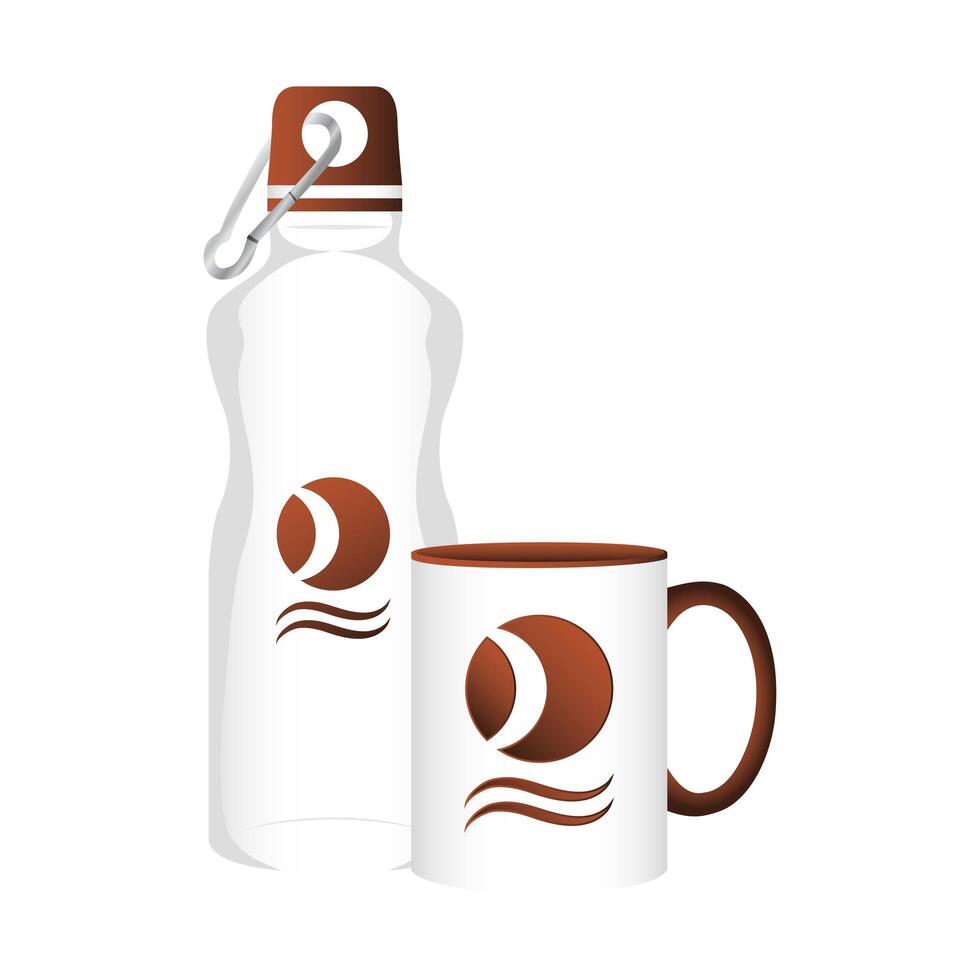 botella de gimnasio y taza de marca iconos aislados vector