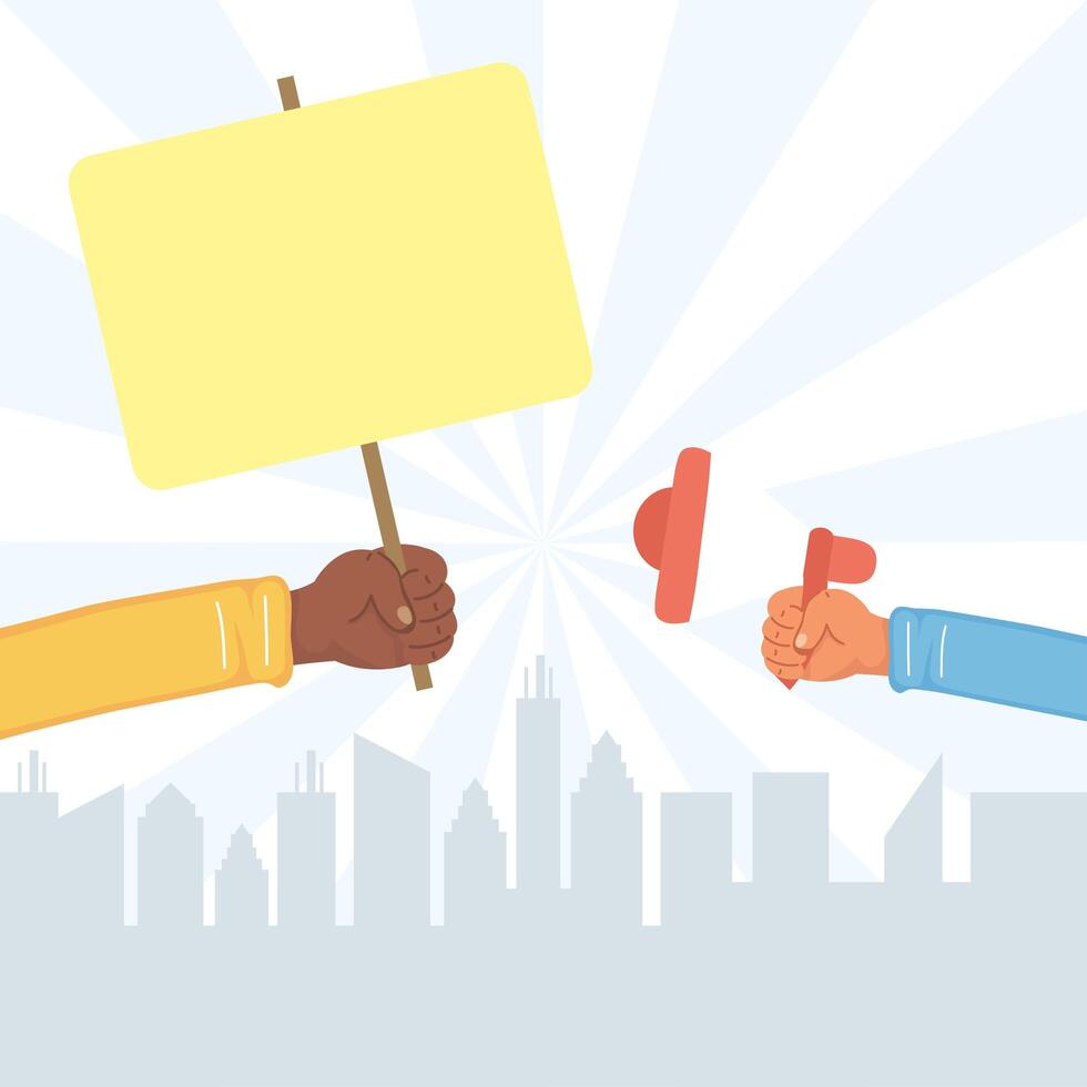 hands holding protest banner and megaphones icon vector