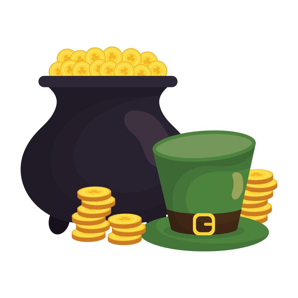 elf treasure cauldron with coins and hat vector