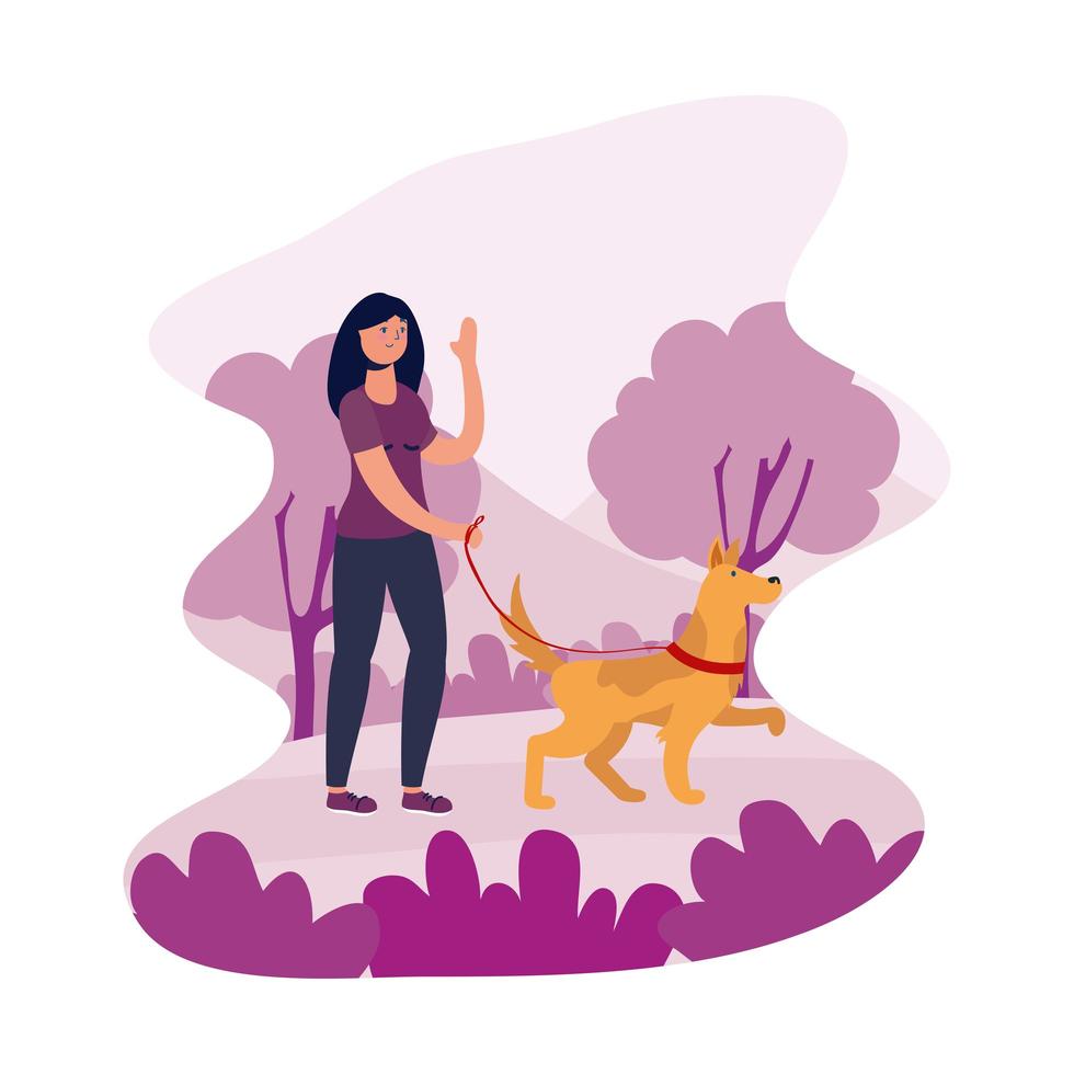 young woman walking with dog vector