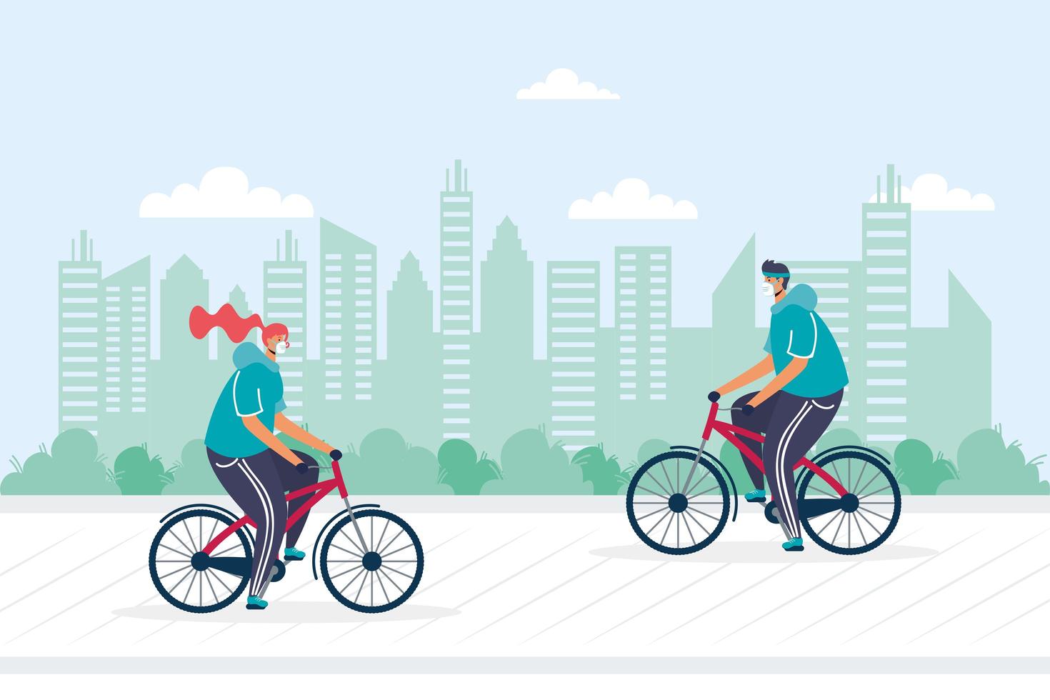 young couple riding bicycle wearing medical masks vector