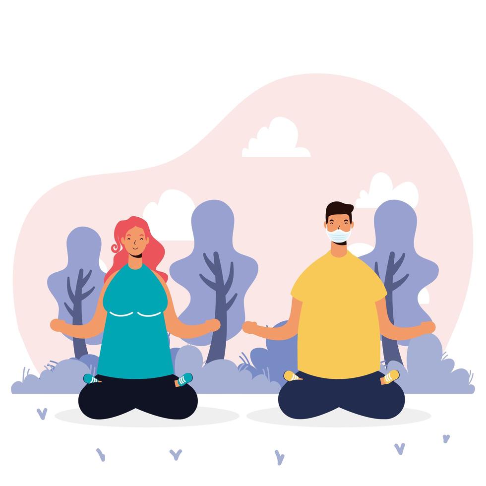 young couple wearing medical masks practicing yoga vector