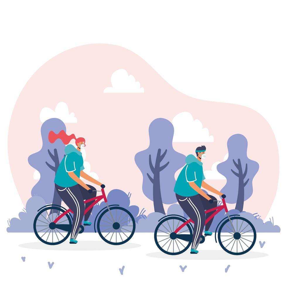 young couple wearing medical masks in bicycles vector