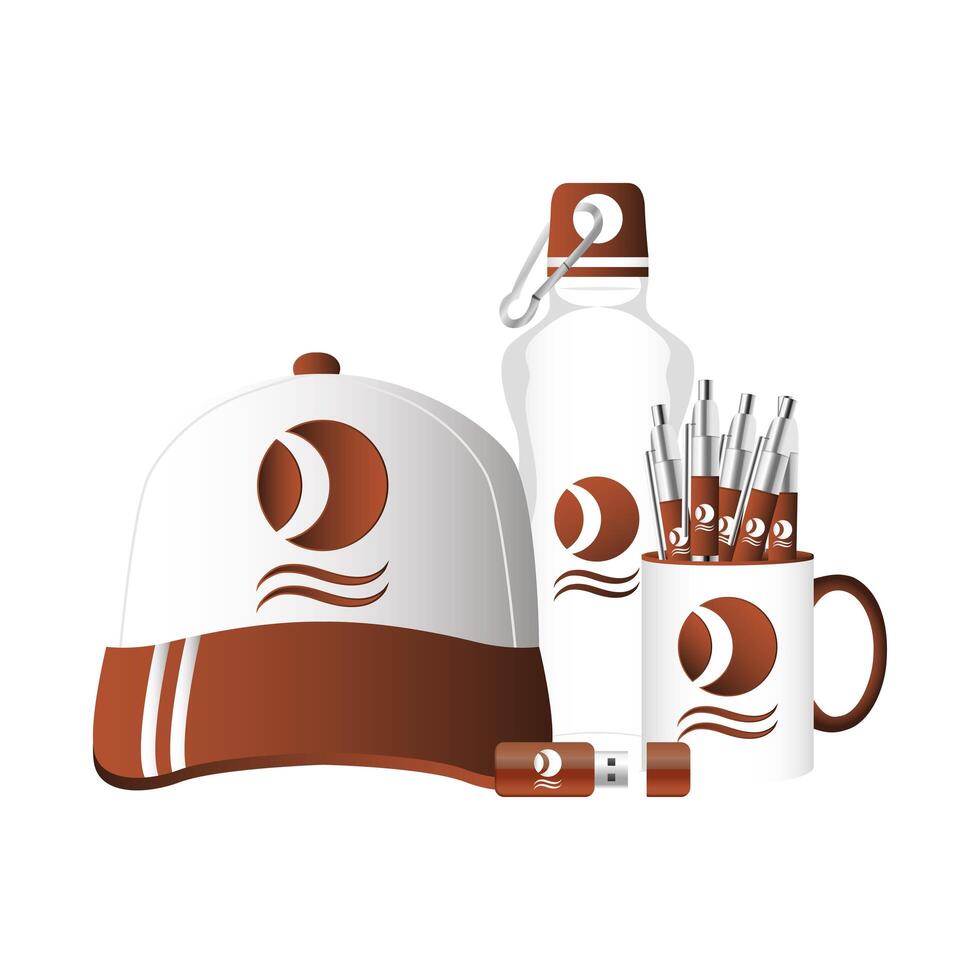 taza con bolígrafos y gorra deportiva con la marca vector