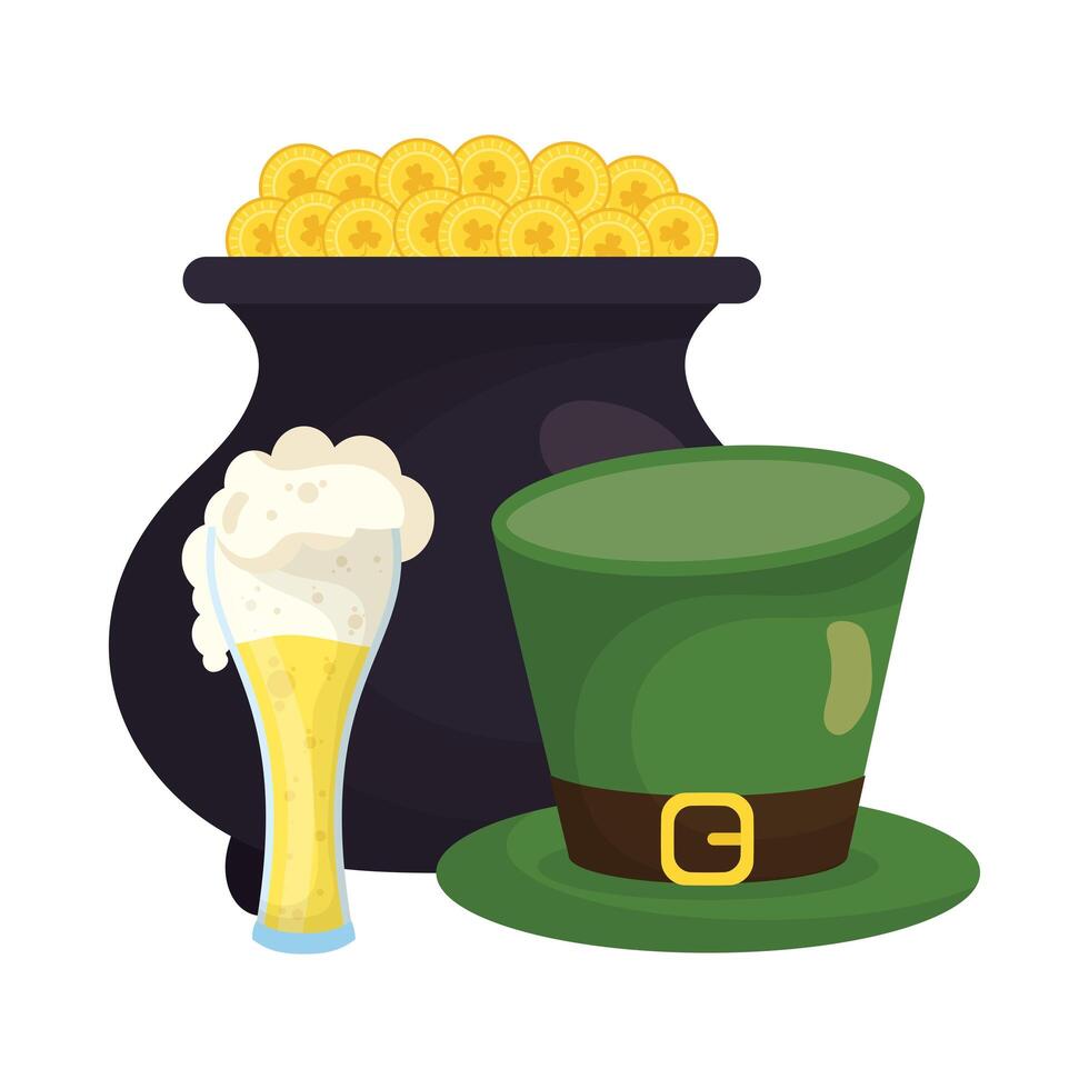 elf treasure cauldron with coins and hat and beer vector